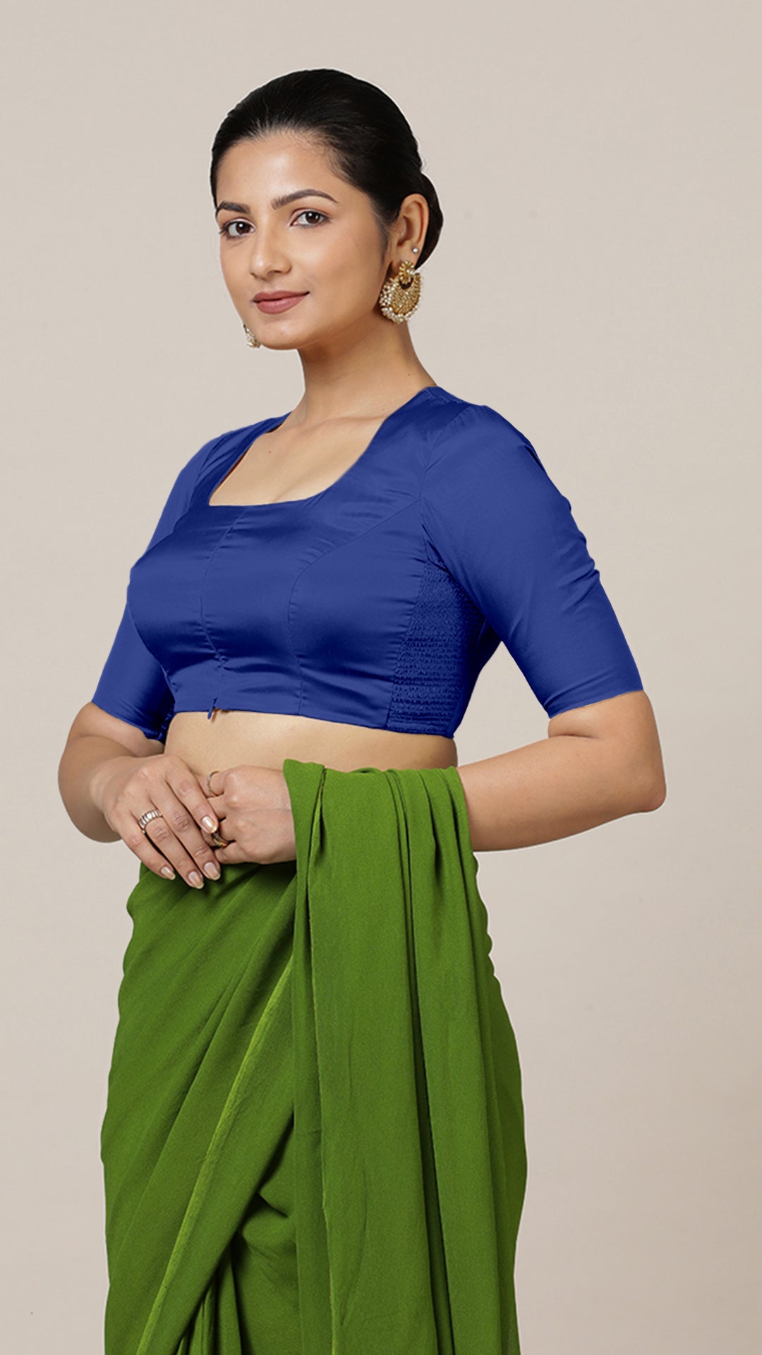 Aziza x Rozaana Saree Blouse, in Blue Vegan Silk, featuring elbow sleeves and square neckline, made for daily & work (view 6).
