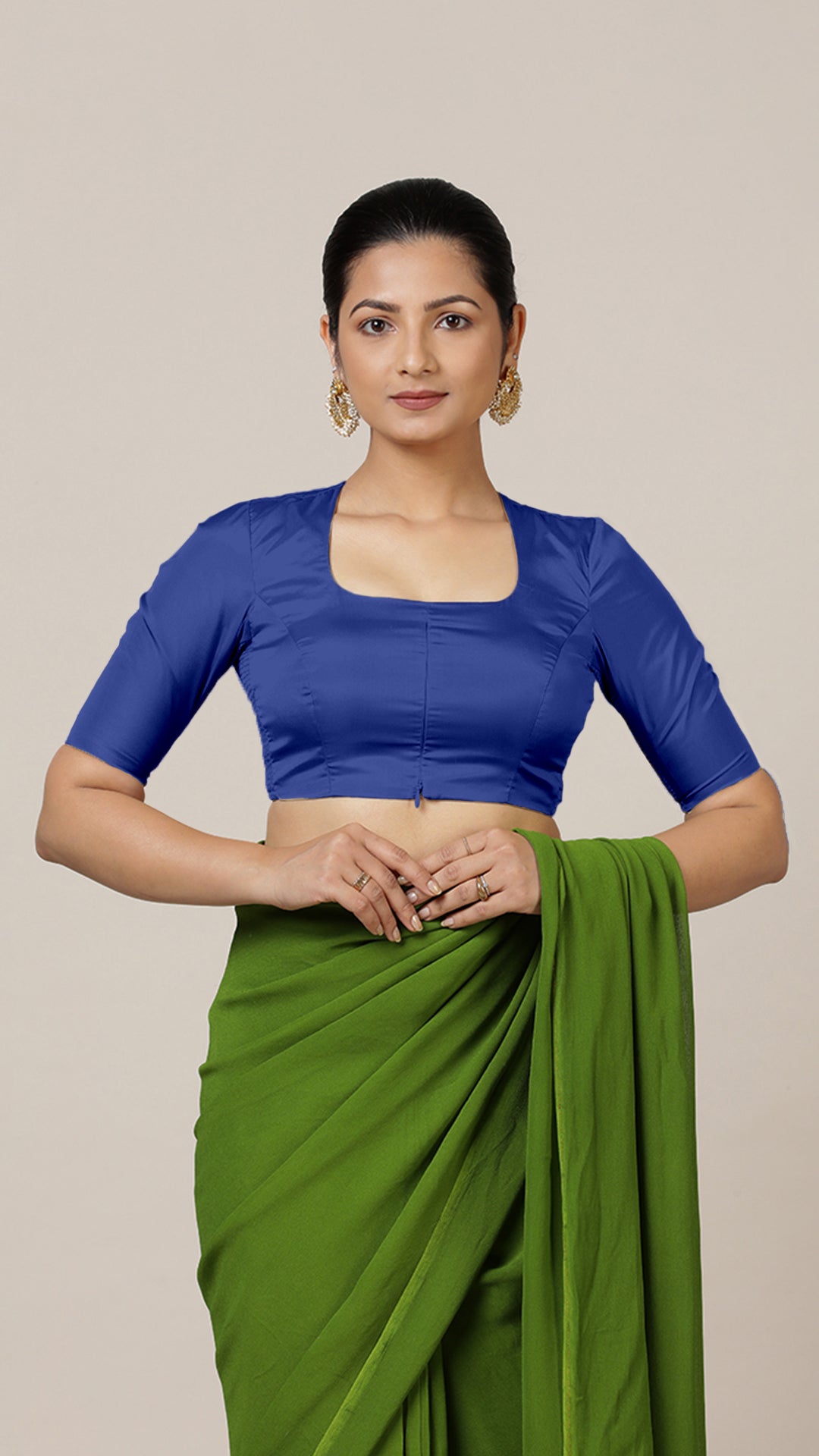Aziza x Rozaana Saree Blouse, in Blue Vegan Silk, featuring elbow sleeves and square neckline, made for daily & work (view 7).