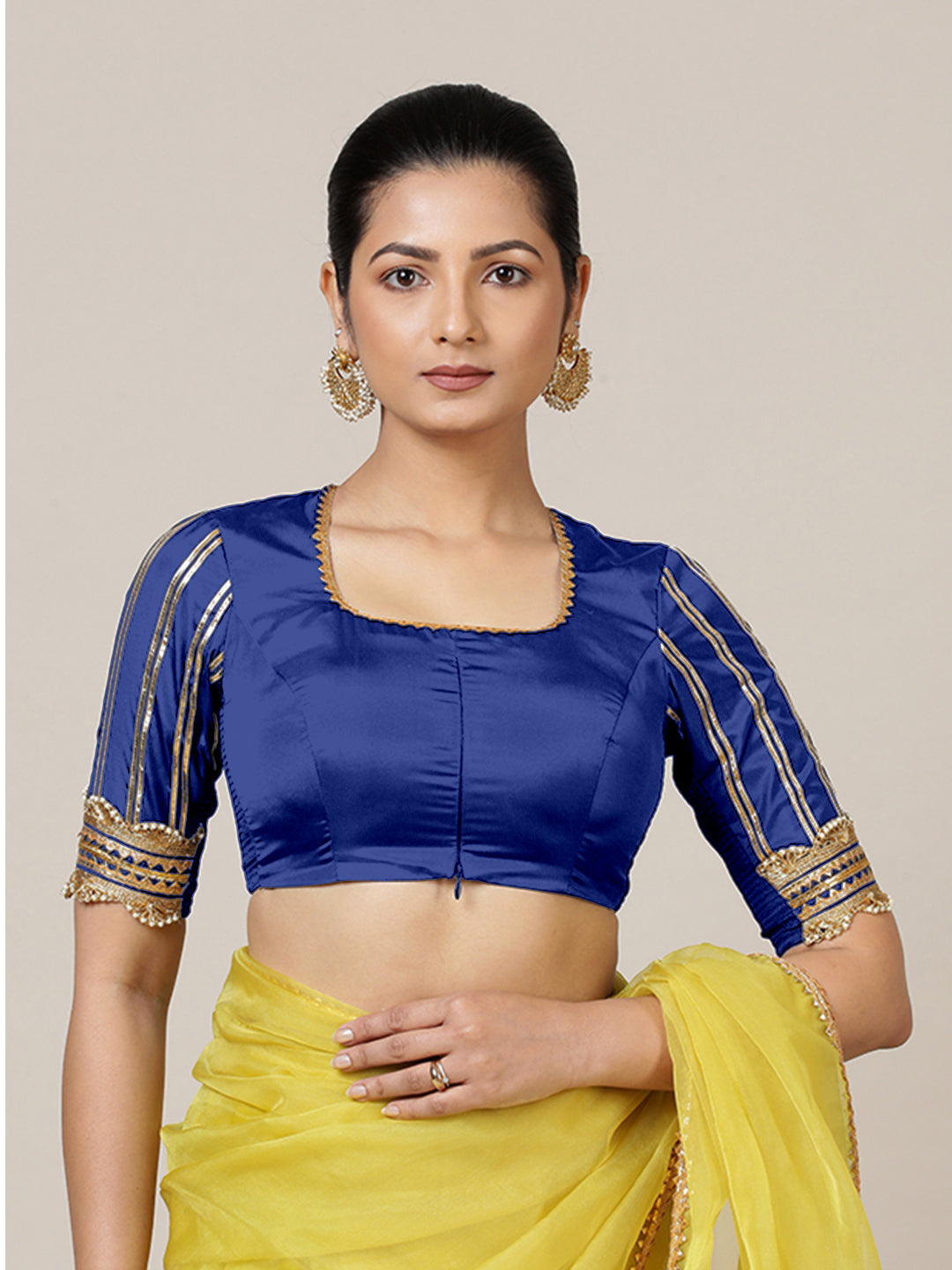 Aziza x Tyohaar Saree Blouse, in Blue Vegan Silk, featuring elbow sleeves and square neckline, made for party & festive.