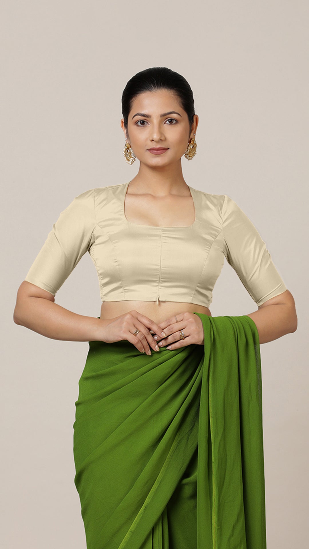 Aziza x Rozaana Saree Blouse, in Cream Vegan Silk, featuring elbow sleeves and square neckline, made for daily & work.
