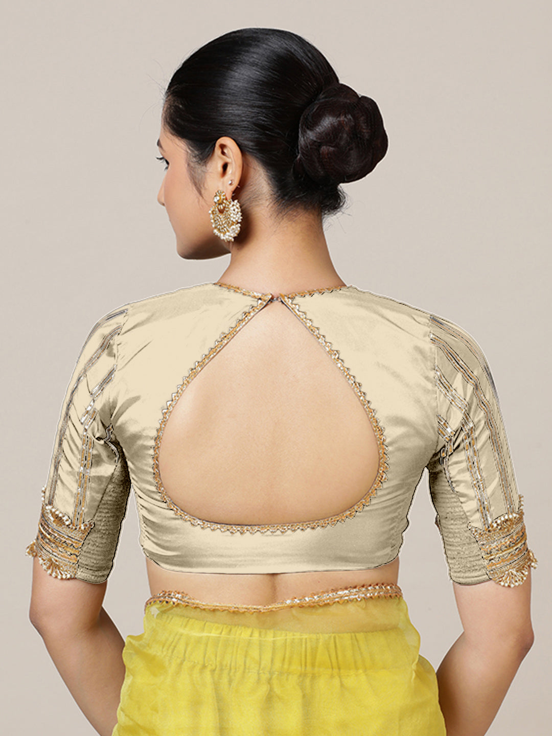 Aziza x Tyohaar Saree Blouse, in Cream Vegan Silk, featuring elbow sleeves and square neckline, made for party & festive.