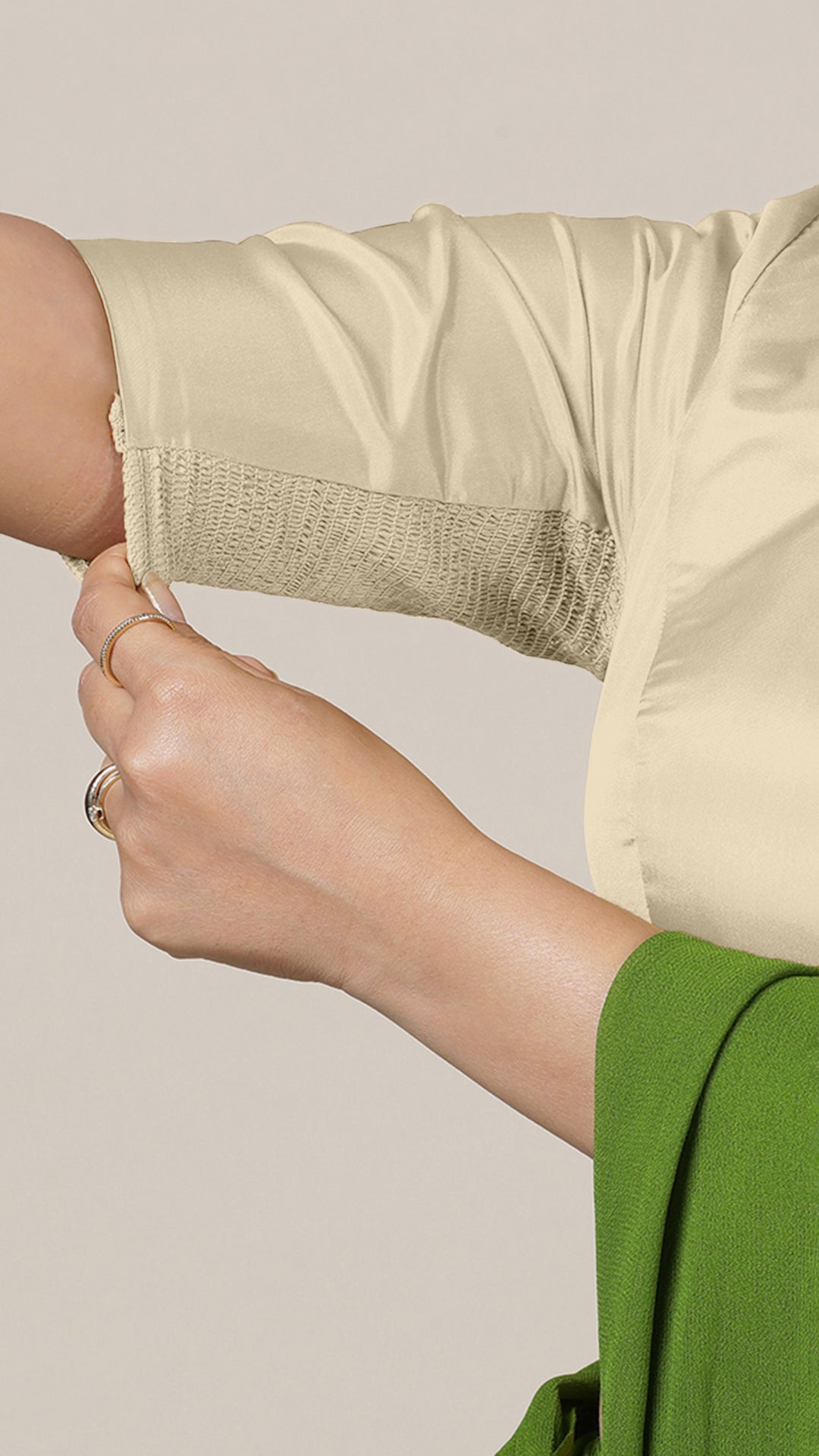 Aziza x Rozaana Saree Blouse, in Cream Vegan Silk, featuring elbow sleeves and square neckline, made for daily & work (view 3).
