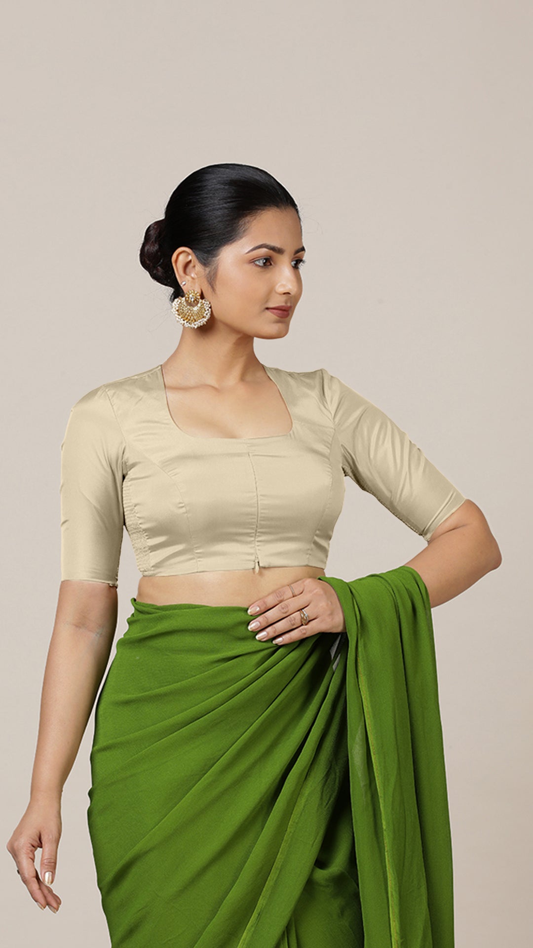 Aziza x Rozaana Saree Blouse, in Cream Vegan Silk, featuring elbow sleeves and square neckline, made for daily & work (view 7).