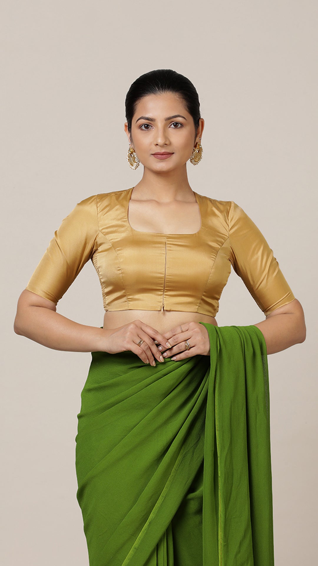 Aziza x Rozaana Saree Blouse, in Gold Vegan Silk, featuring elbow sleeves and square neckline, made for daily & work.
