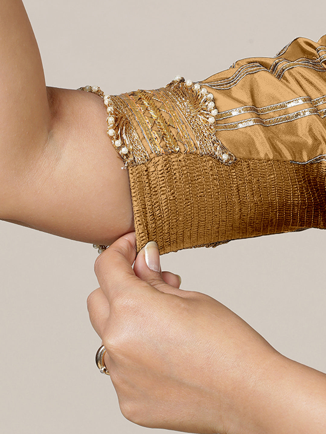 Aziza x Tyohaar Saree Blouse, in Gold Vegan Silk, featuring elbow sleeves and square neckline, made for party & festive.