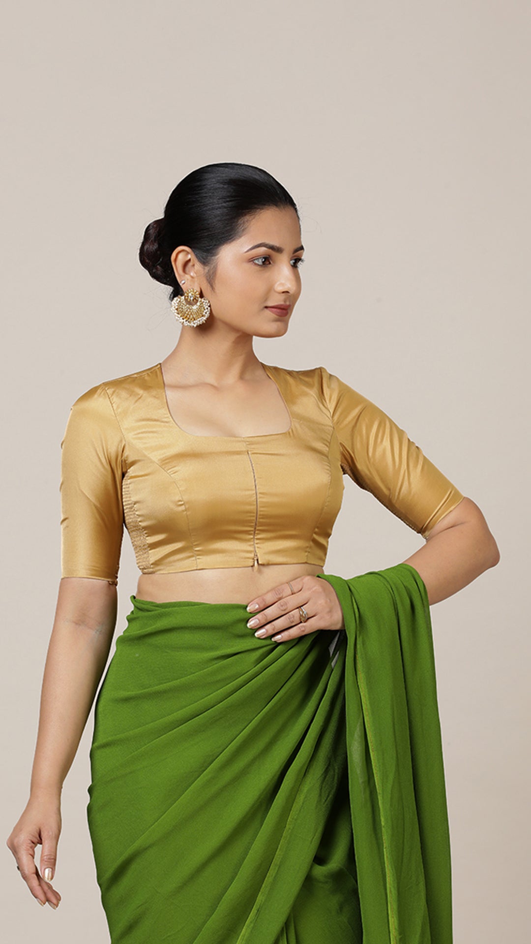 Aziza x Rozaana Saree Blouse, in Gold Vegan Silk, featuring elbow sleeves and square neckline, made for daily & work (view 7).