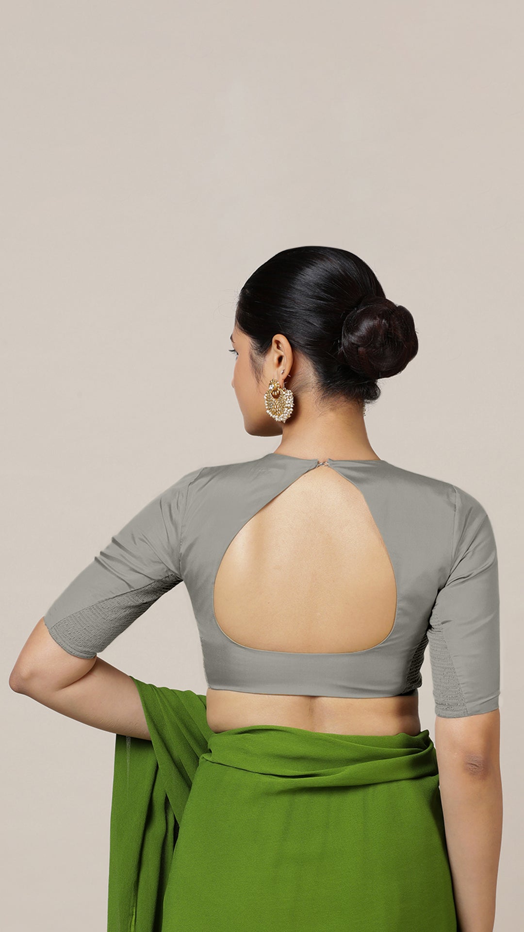Aziza x Rozaana Saree Blouse, in Grey Vegan Silk, featuring elbow sleeves and square neckline, made for daily & work (view 2).