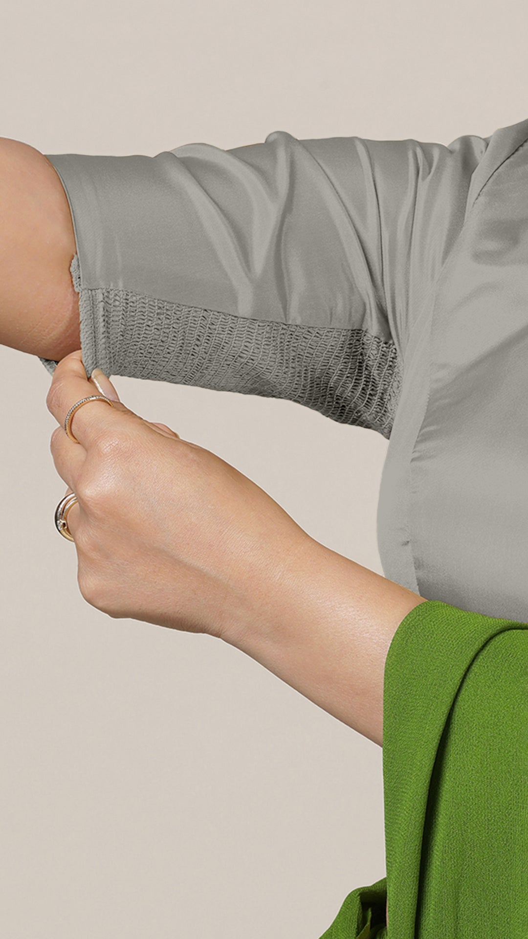 Aziza x Rozaana Saree Blouse, in Grey Vegan Silk, featuring elbow sleeves and square neckline, made for daily & work (view 3).