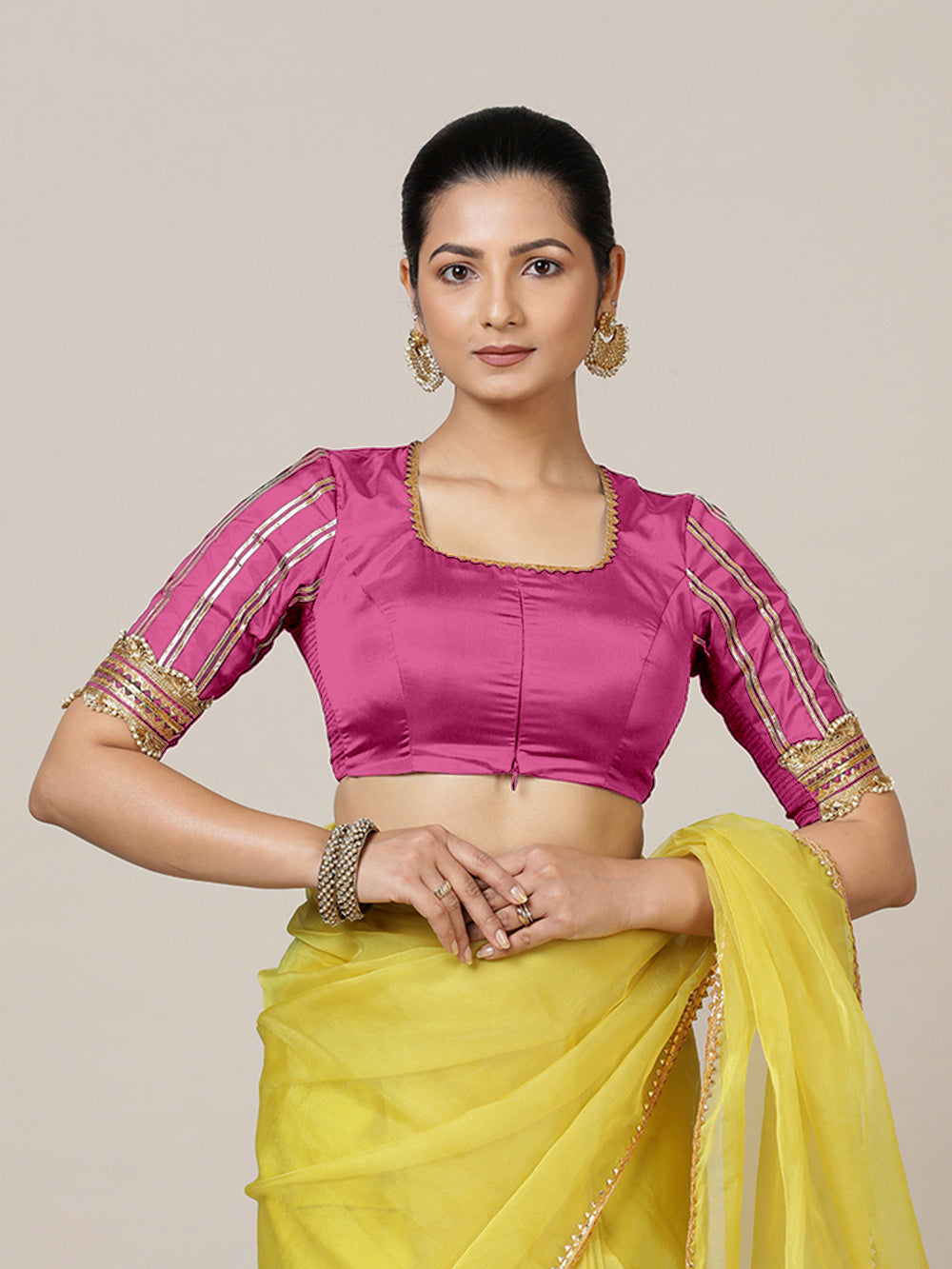 Aziza x Tyohaar | Elbow Sleeves Hot Pink FlexiFit™ Gota Embellished Saree Blouse with Square Neck