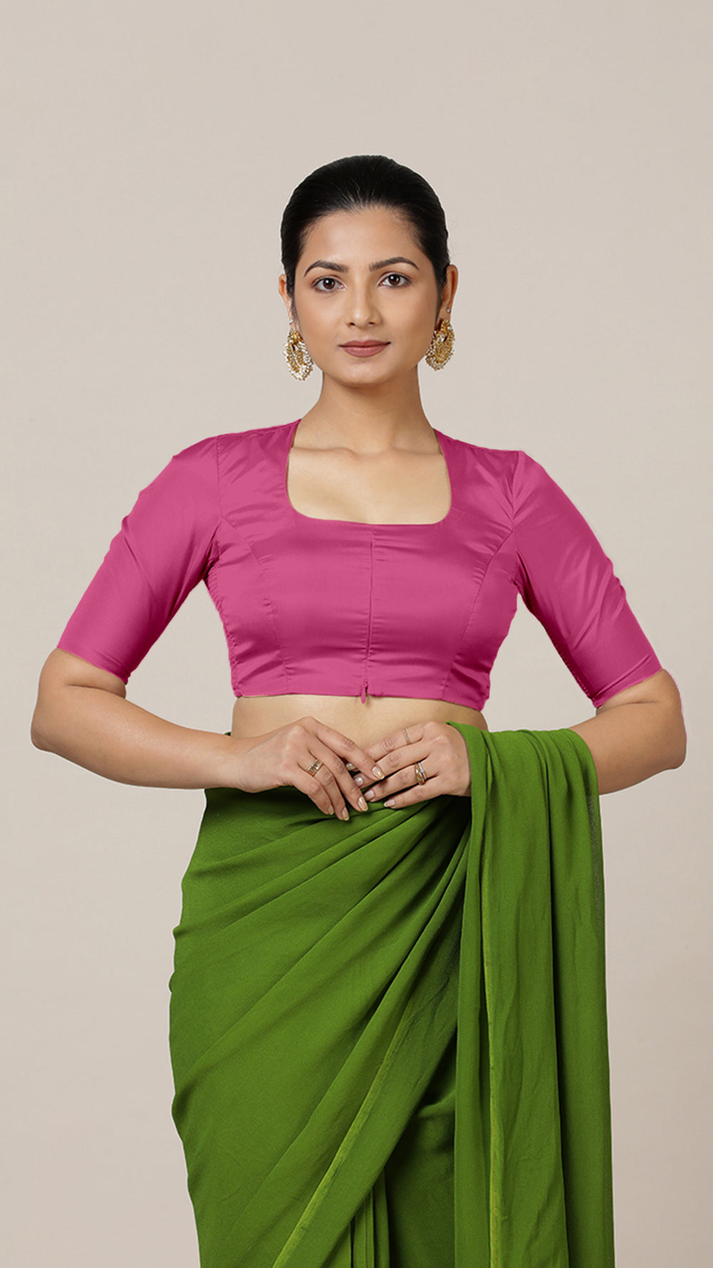 Aziza x Rozaana | Elbow Sleeves Hot Pink FlexiFit™ Saree Blouse with Square Neck