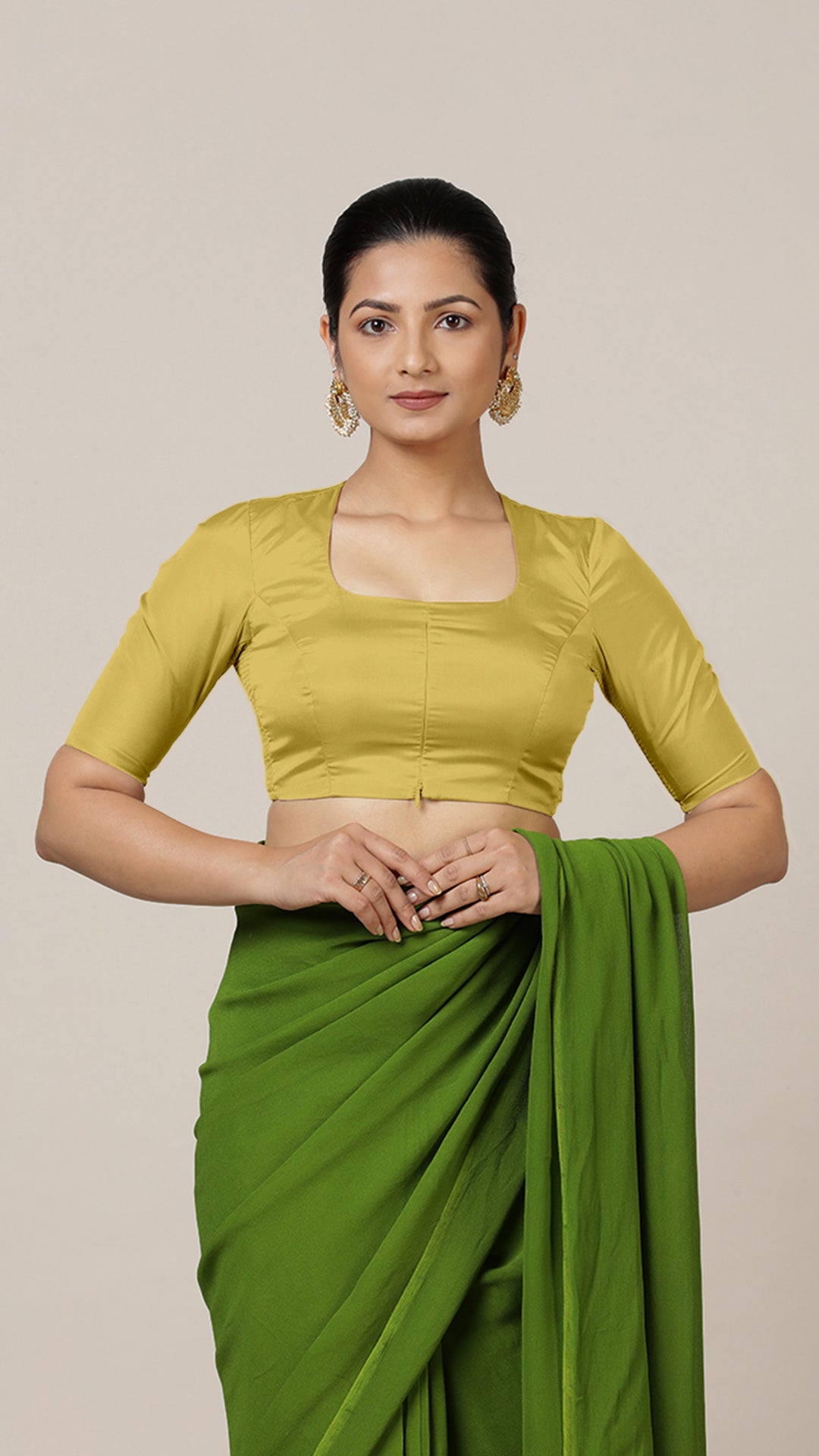 Aziza x Rozaana Saree Blouse, in Yellow Vegan Silk, featuring elbow sleeves and square neckline, made for daily & work.