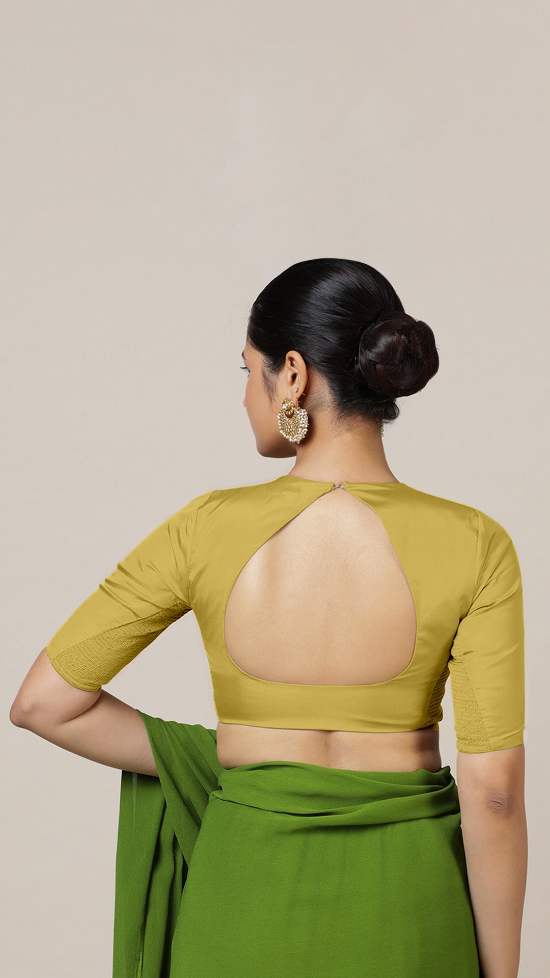 Aziza x Rozaana Saree Blouse, in Yellow Vegan Silk, featuring elbow sleeves and square neckline, made for daily & work (view 2).