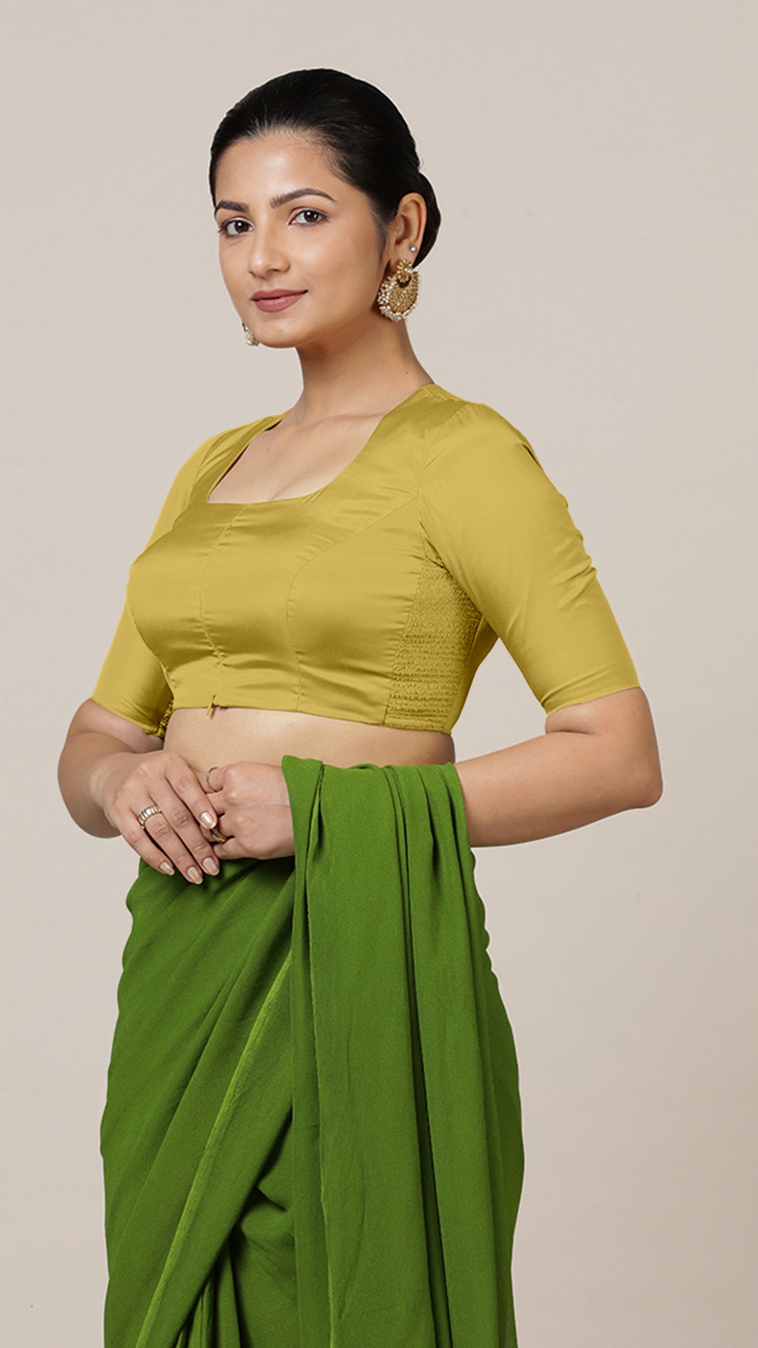 Aziza x Rozaana Saree Blouse, in Yellow Vegan Silk, featuring elbow sleeves and square neckline, made for daily & work (view 6).