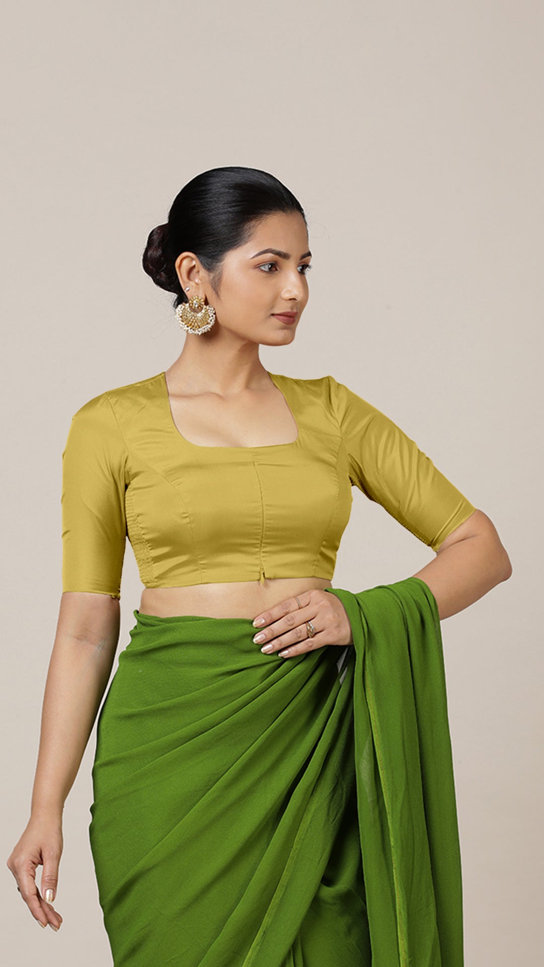 Aziza x Rozaana Saree Blouse, in Yellow Vegan Silk, featuring elbow sleeves and square neckline, made for daily & work (view 7).