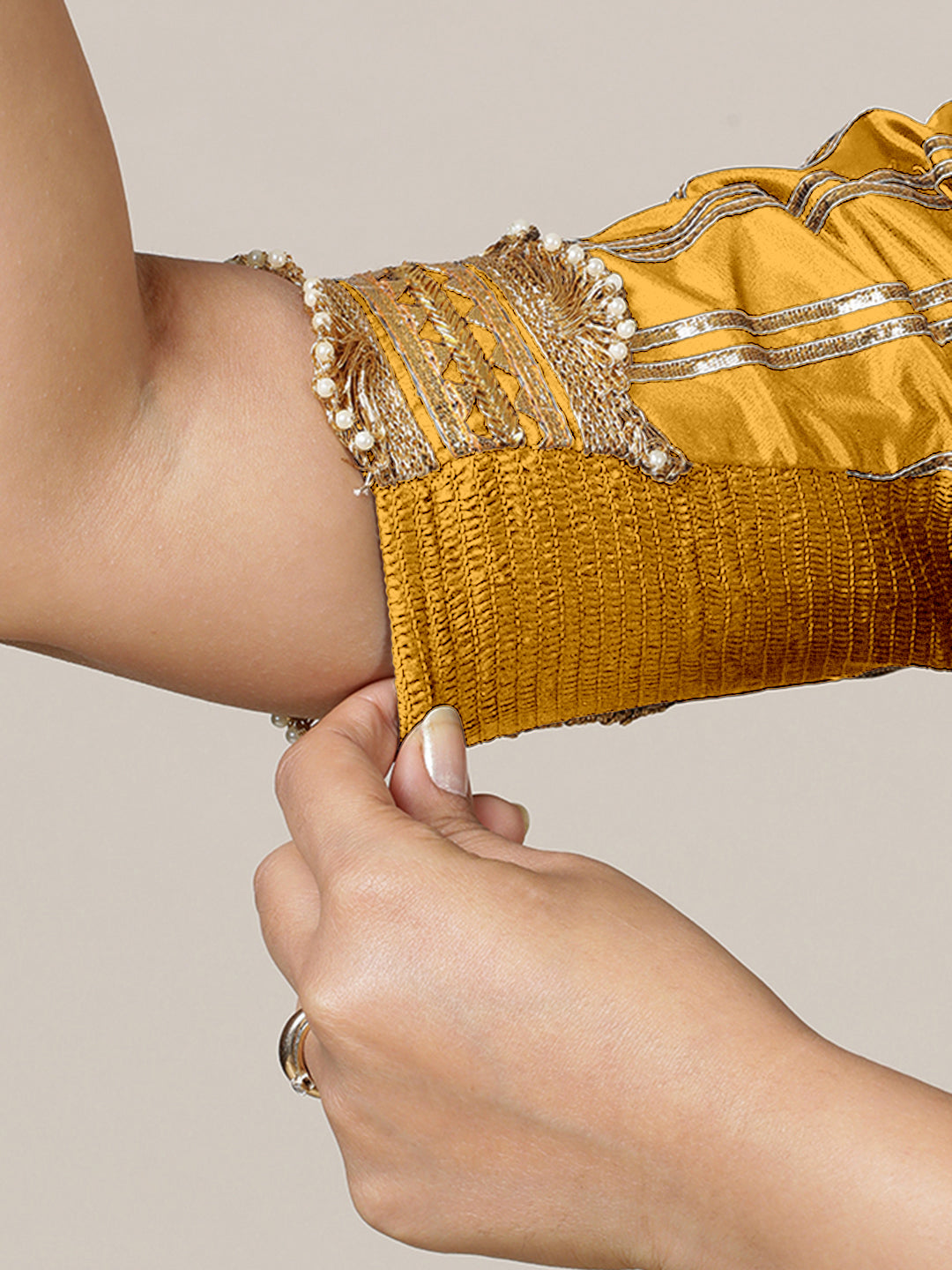 Aziza x Tyohaar Saree Blouse, in Yellow Artificial Silk, featuring elbow sleeves and square neckline (view 5).
