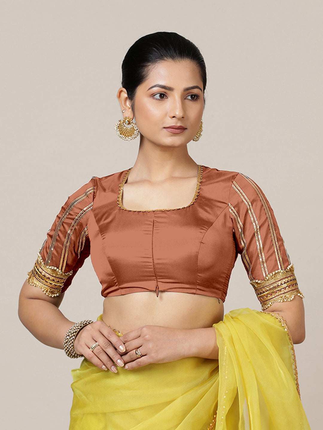 Aziza x Tyohaar Saree Blouse, in Copper Vegan Silk, featuring elbow sleeves and square neckline, made for party & festive.