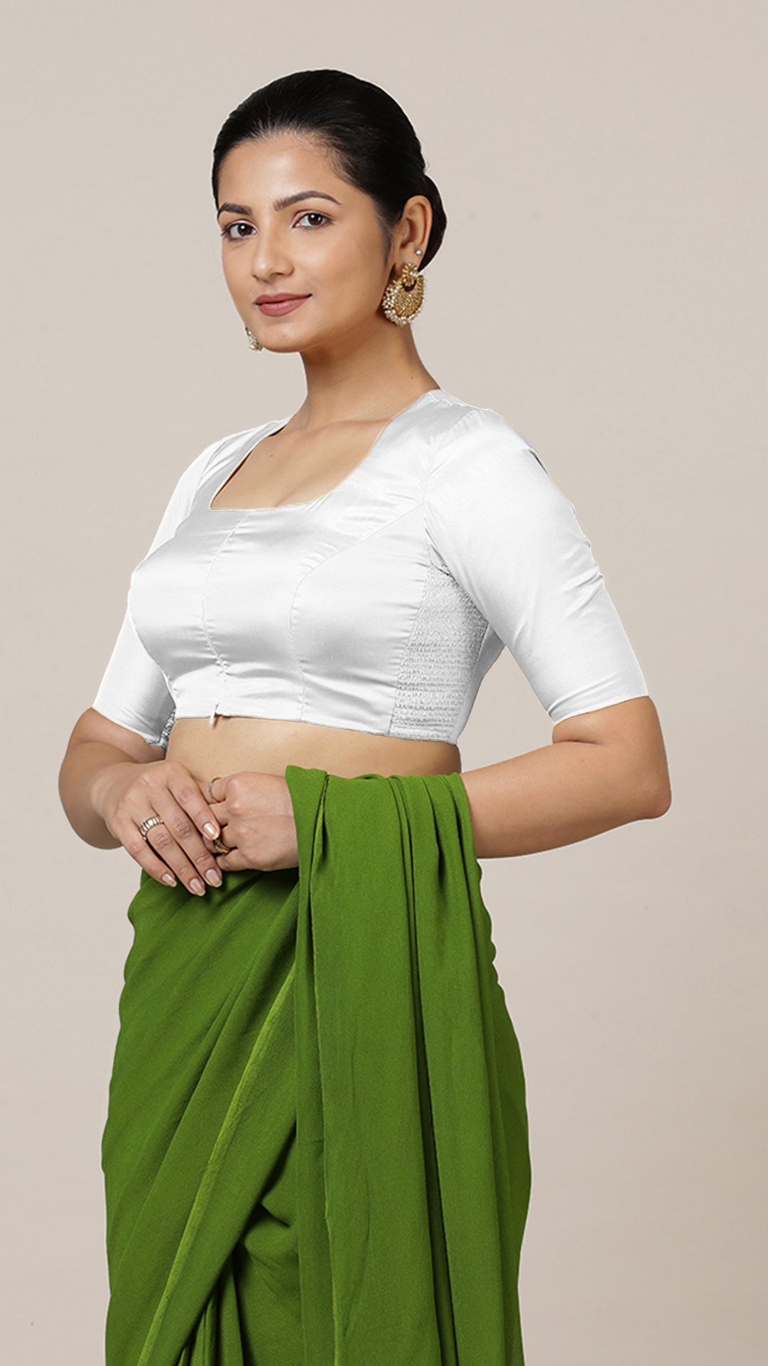 Aziza x Rozaana Saree Blouse, in White Vegan Silk, featuring elbow sleeves and square neckline, made for daily & work.