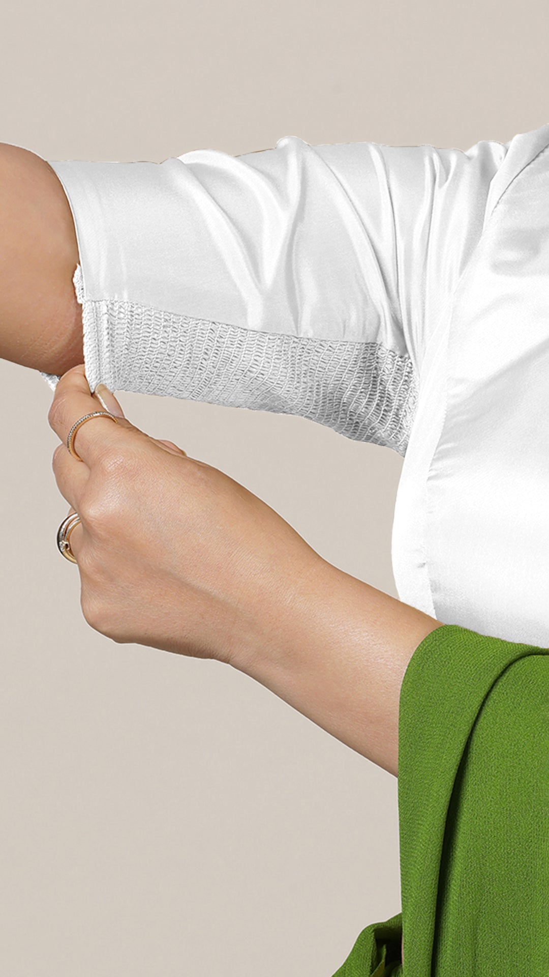 Aziza x Rozaana Saree Blouse, in White Vegan Silk, featuring elbow sleeves and square neckline, made for daily & work (view 3).