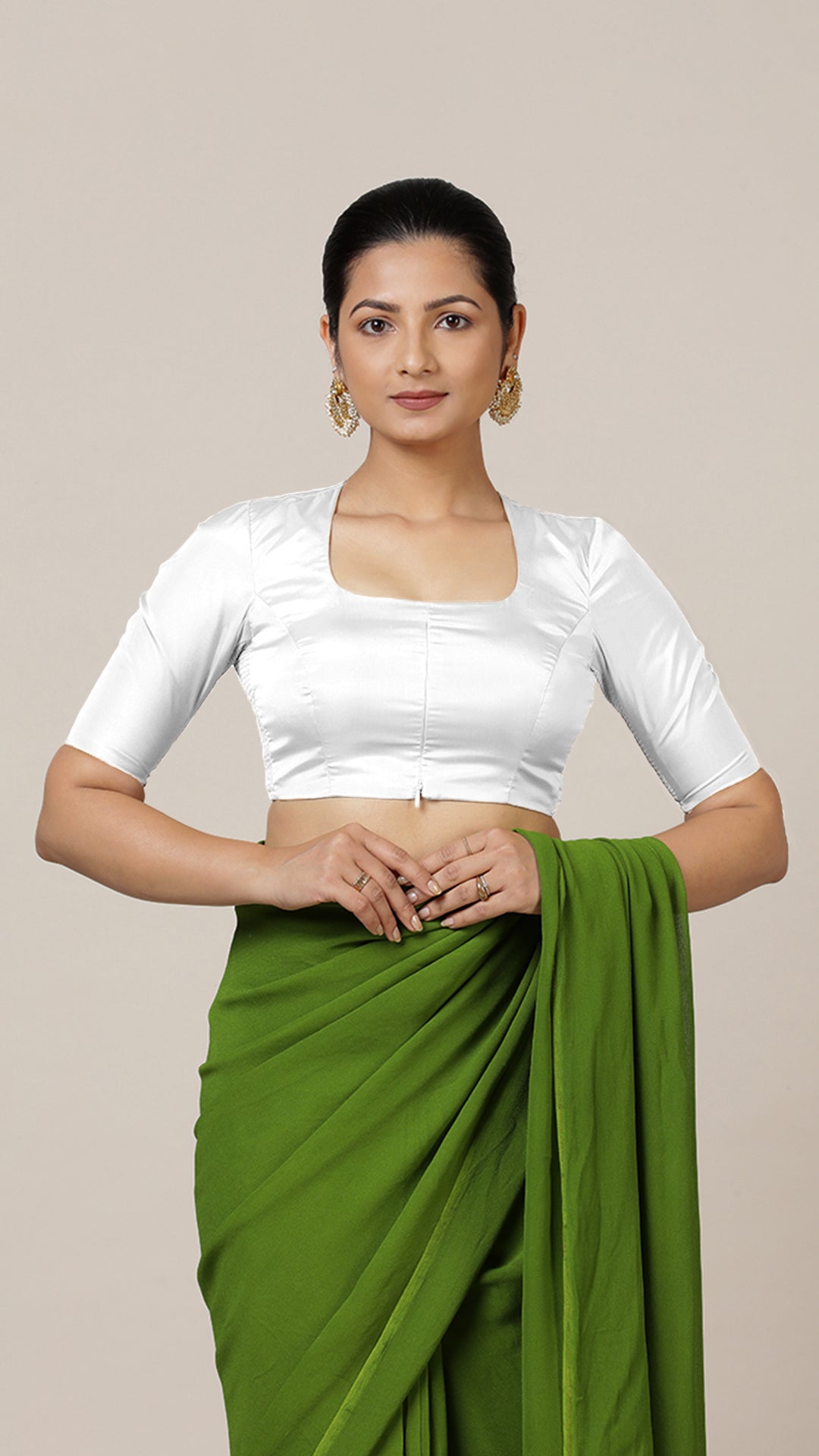Aziza x Rozaana Saree Blouse, in White Vegan Silk, featuring elbow sleeves and square neckline, made for daily & work (view 7).