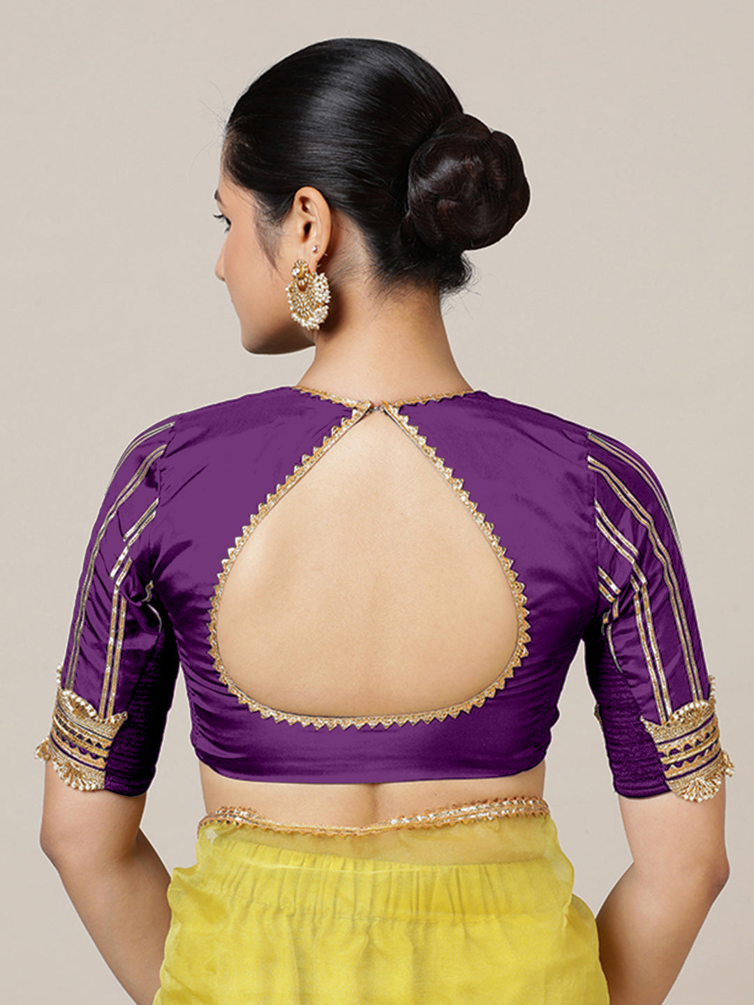 Aziza x Tyohaar Saree Blouse, in Purple Vegan Silk, featuring elbow sleeves and square neckline, made for party & festive.