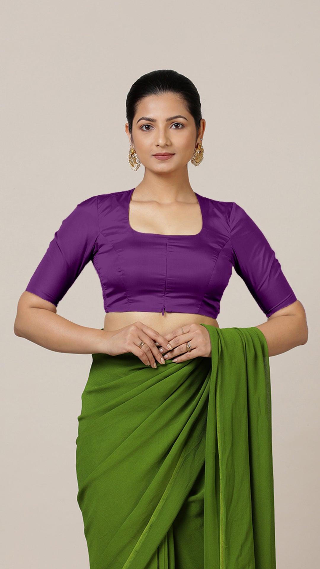 Aziza x Rozaana Saree Blouse, in Purple Vegan Silk, featuring elbow sleeves and square neckline, made for daily & work (view 7).