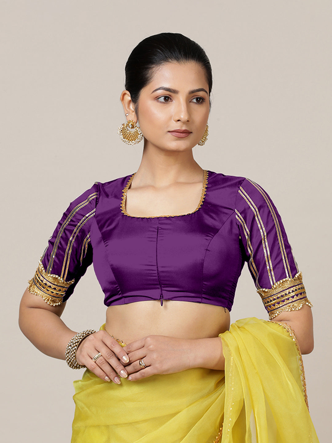 Aziza x Tyohaar Saree Blouse, in Purple Vegan Silk, featuring elbow sleeves and square neckline, made for party & festive.