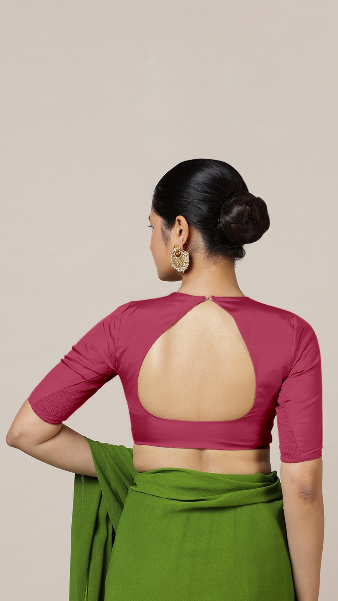 Aziza x Rozaana Saree Blouse, in Pink Vegan Silk, featuring elbow sleeves and square neckline, made for daily & work (view 2).
