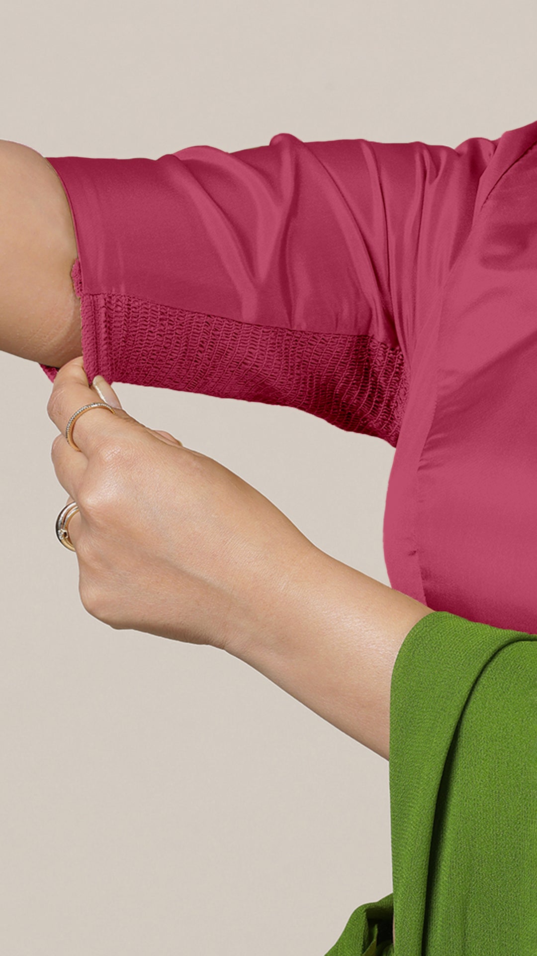 Aziza x Rozaana Saree Blouse, in Pink Vegan Silk, featuring elbow sleeves and square neckline, made for daily & work (view 4).