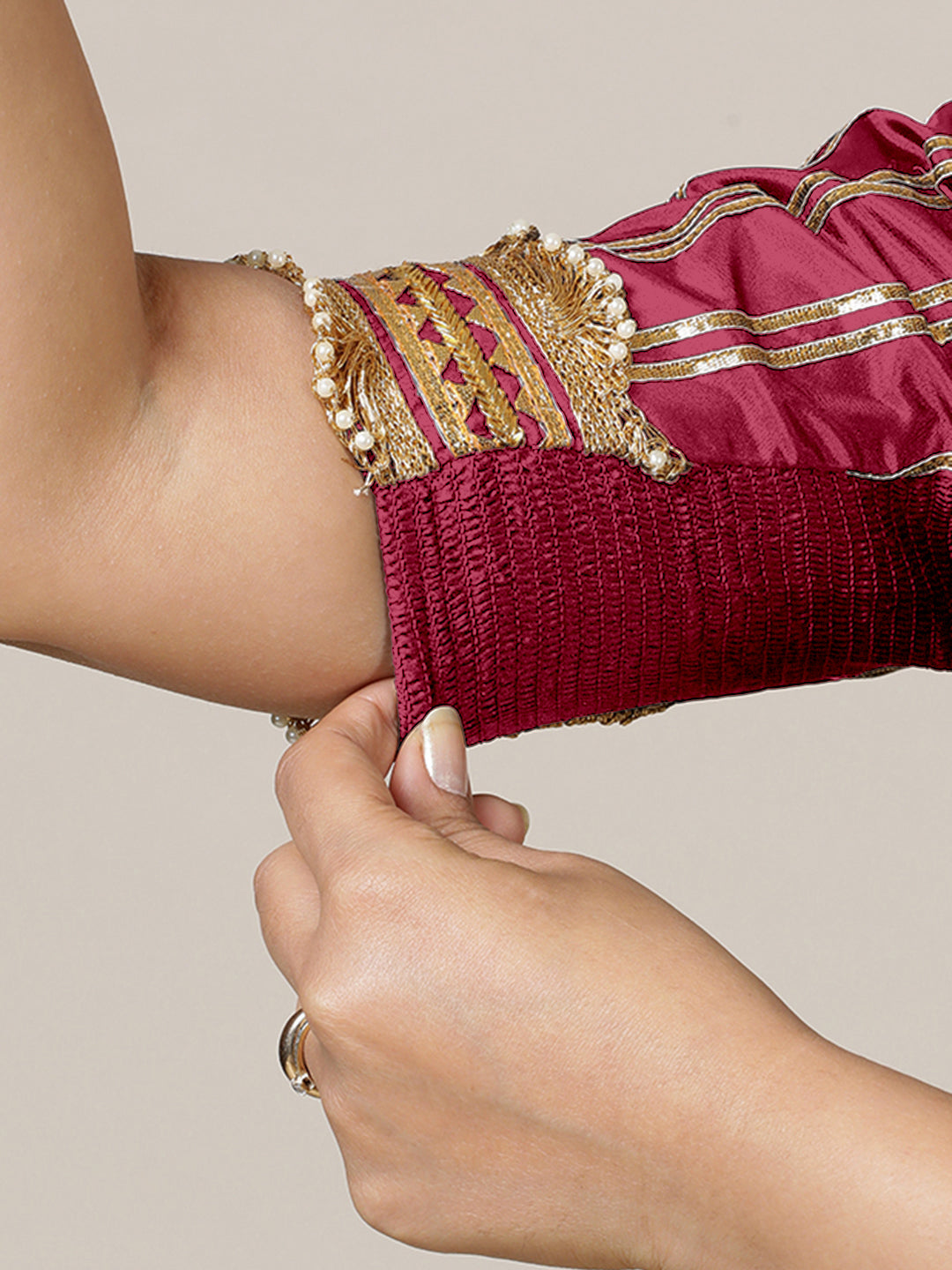 Aziza x Tyohaar Saree Blouse, in Pink Vegan Silk, featuring elbow sleeves and square neckline, made for party & festive.