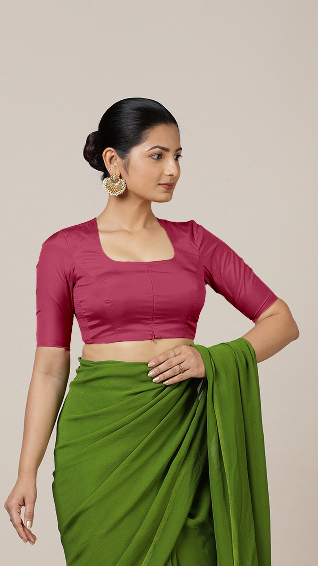 Aziza x Rozaana Saree Blouse, in Pink Vegan Silk, featuring elbow sleeves and square neckline, made for daily & work (view 6).