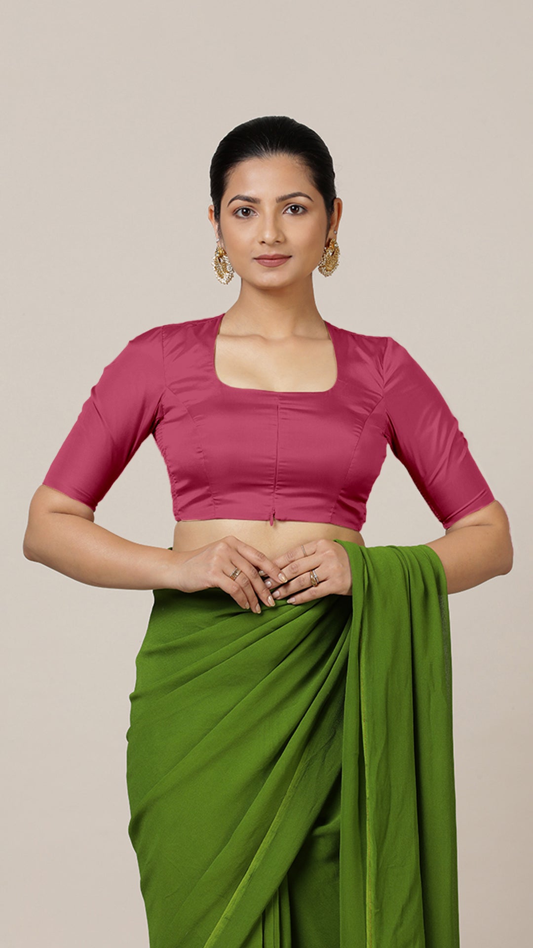 Aziza x Rozaana Saree Blouse, in Pink Vegan Silk, featuring elbow sleeves and square neckline, made for daily & work (view 7).