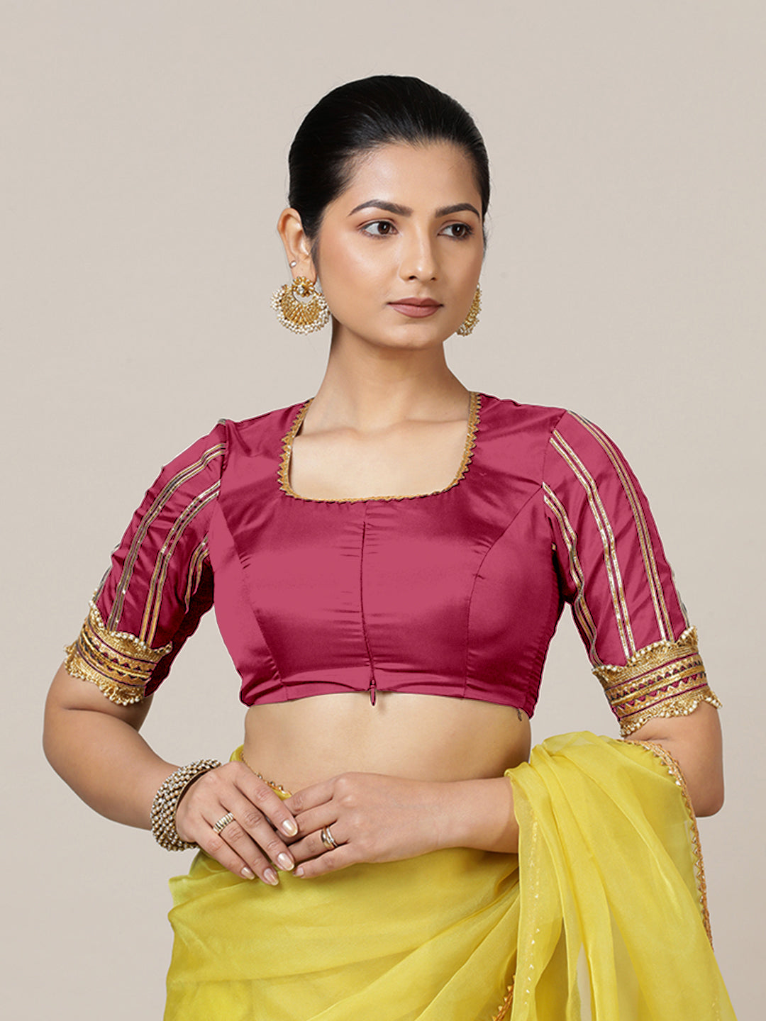 Aziza x Tyohaar Saree Blouse, in Pink Vegan Silk, featuring elbow sleeves and square neckline, made for party & festive.