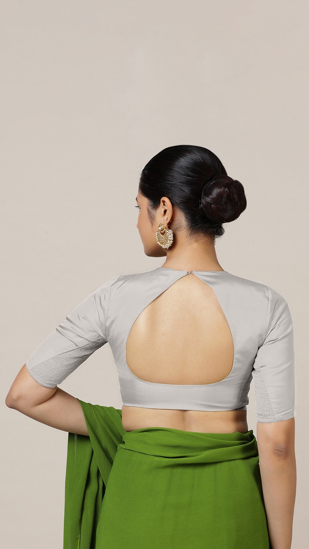 Aziza x Rozaana Saree Blouse, in Silver Vegan Silk, featuring elbow sleeves and square neckline, made for daily & work (view 2).