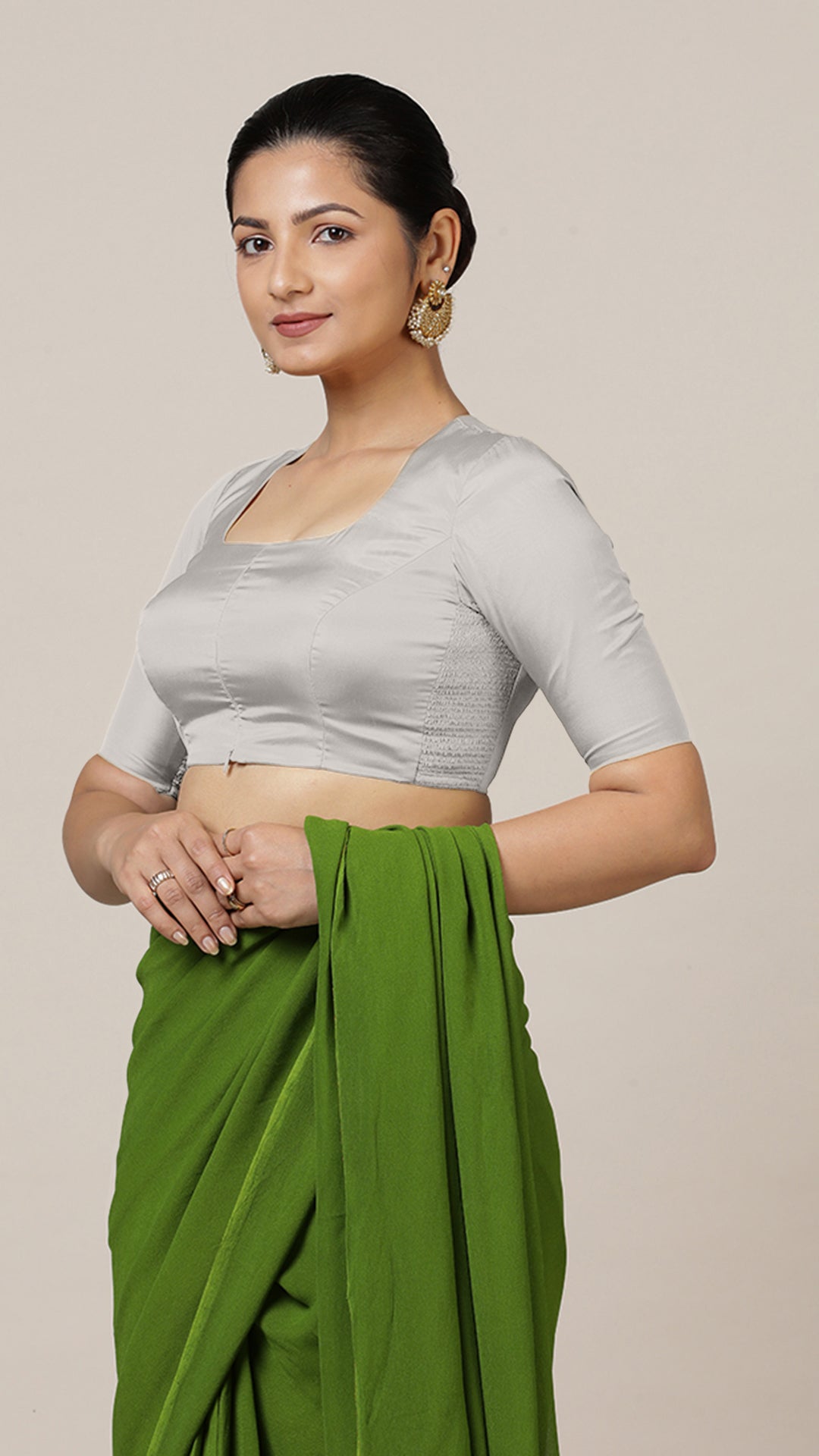 Aziza x Rozaana Saree Blouse, in Silver Vegan Silk, featuring elbow sleeves and square neckline, made for daily & work (view 6).