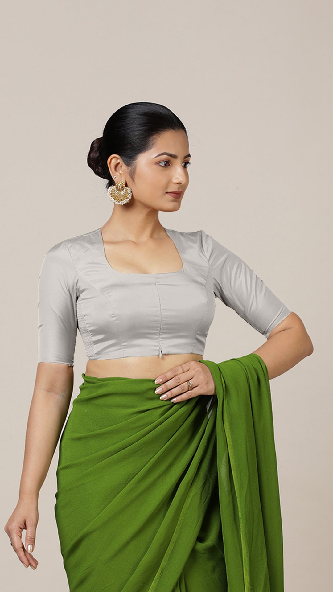 Aziza x Rozaana Saree Blouse, in Silver Vegan Silk, featuring elbow sleeves and square neckline, made for daily & work (view 7).
