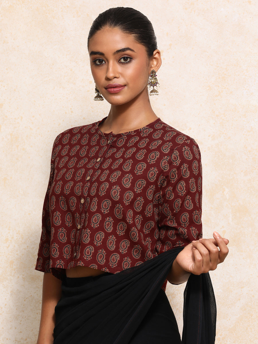 Baisakhi x Rozaana Saree Blouse, in Red 100% Cotton - Block Printed, featuring elbow sleeves and jewel neckline (view 7).