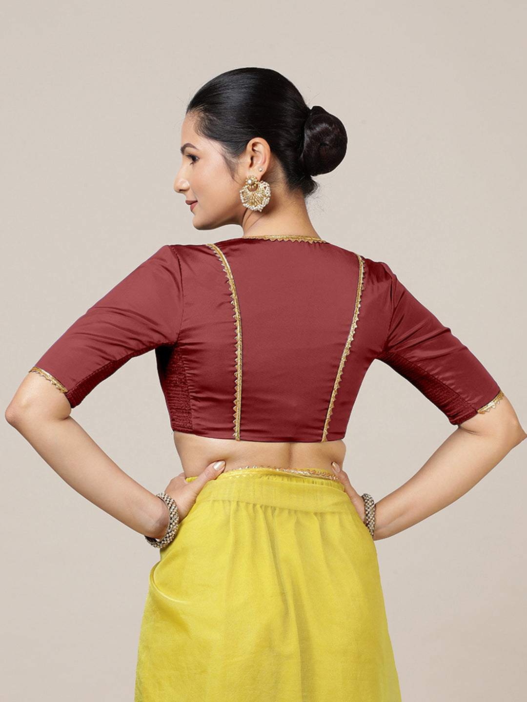 Begum x Tyohaar Saree Blouse, in Red Vegan Silk, featuring elbow sleeves and v-neckline, made for party & festive (view 2).