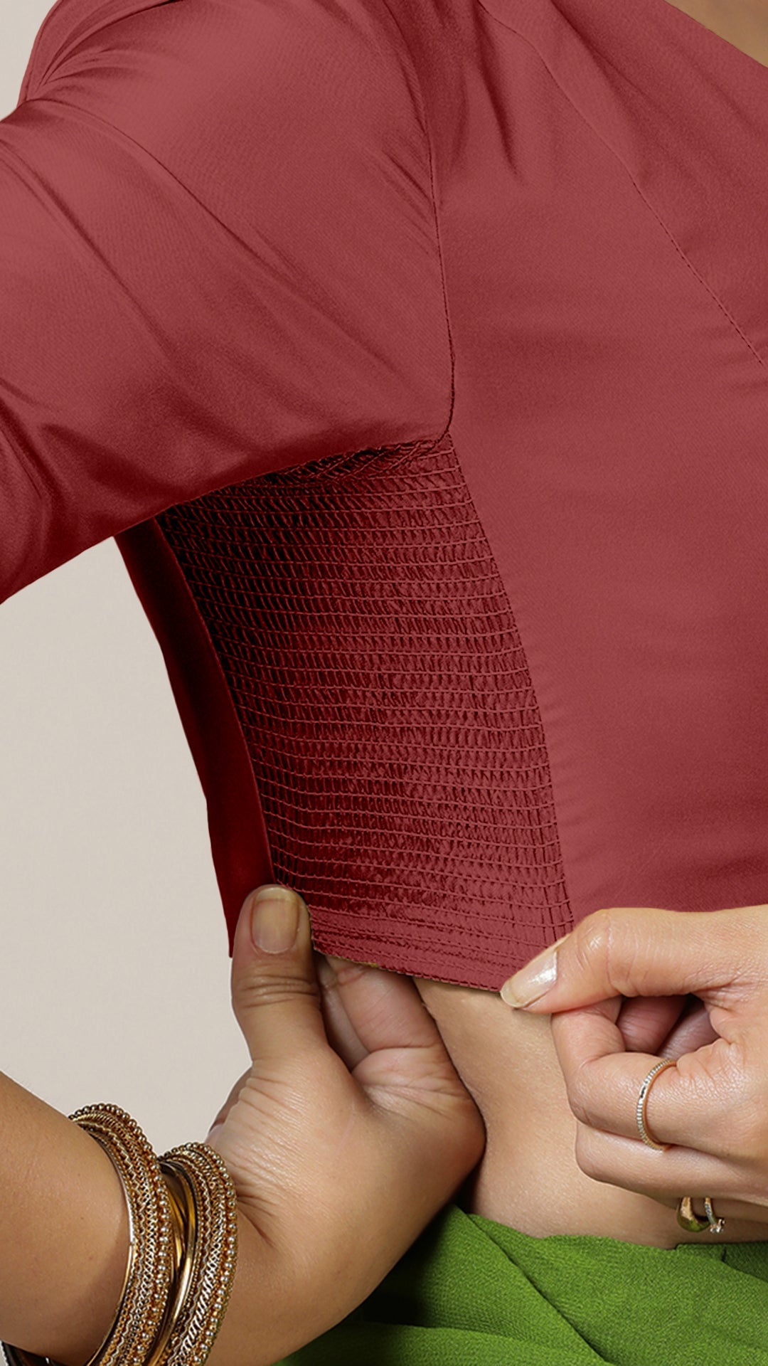 Begum x Rozaana Saree Blouse, in Red Vegan Silk, featuring elbow sleeves and v-neckline, made for daily & work (view 3).