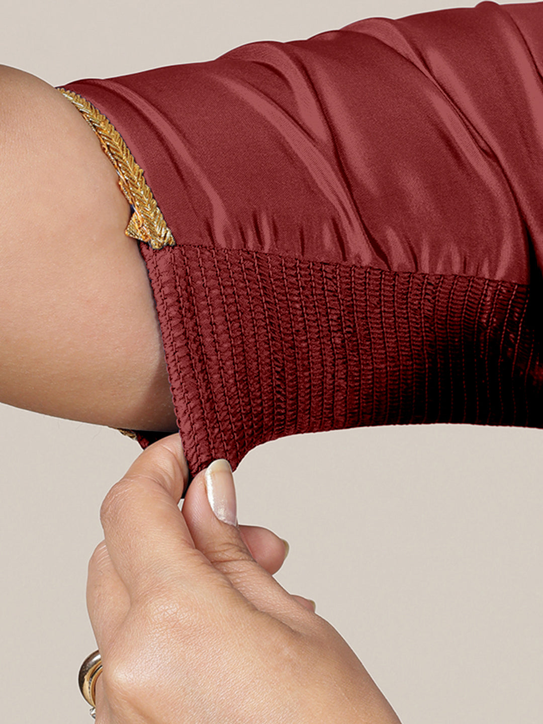 Begum x Tyohaar Saree Blouse, in Red Vegan Silk, featuring elbow sleeves and v-neckline, made for party & festive (view 5).