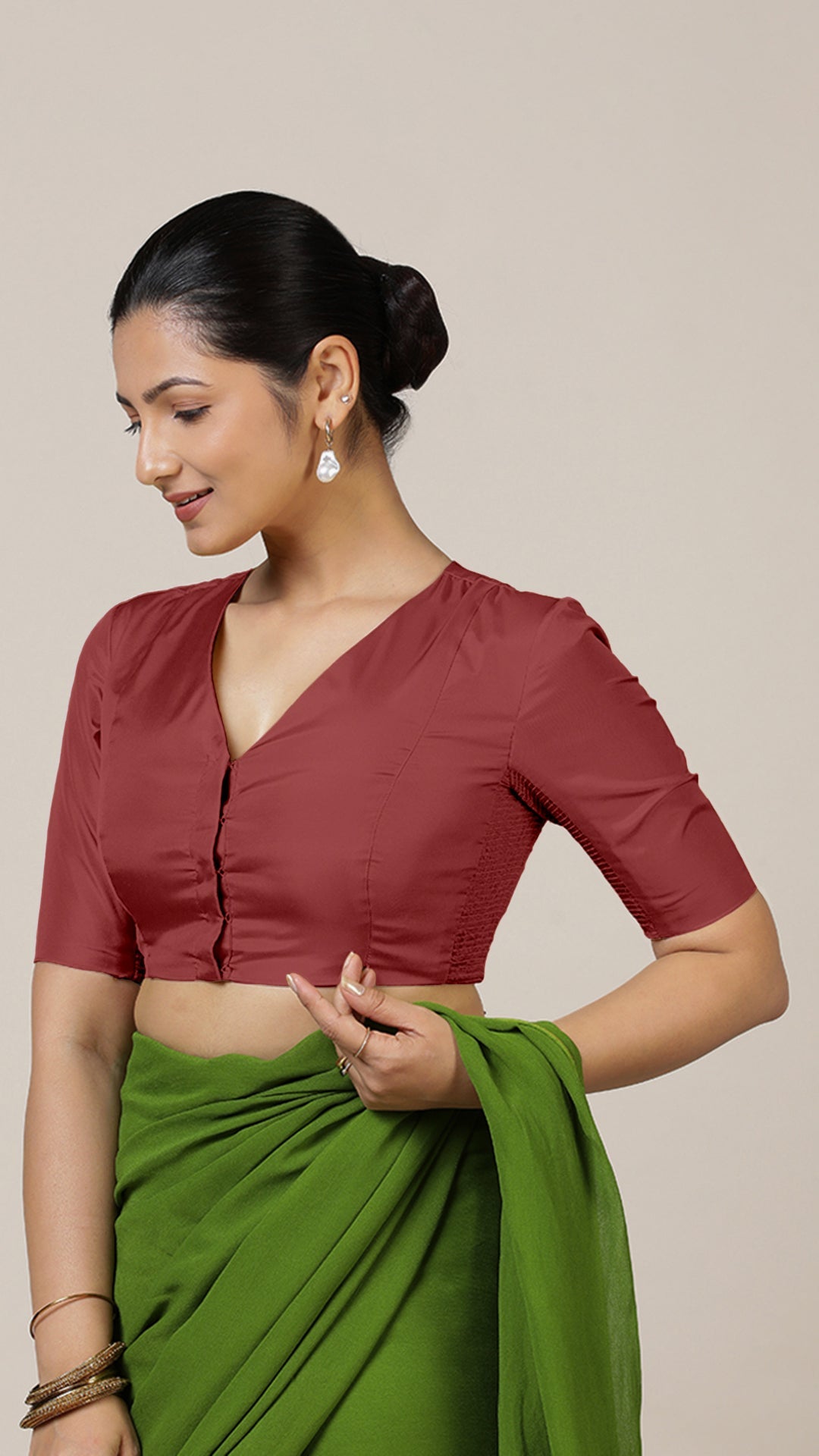 Begum x Rozaana Saree Blouse, in Red Vegan Silk, featuring elbow sleeves and v-neckline, made for daily & work (view 6).