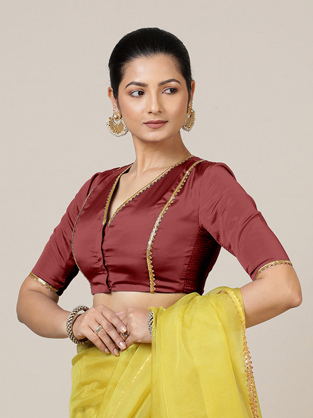 Begum x Tyohaar Saree Blouse, in Red Vegan Silk, featuring elbow sleeves and v-neckline, made for party & festive (view 7).