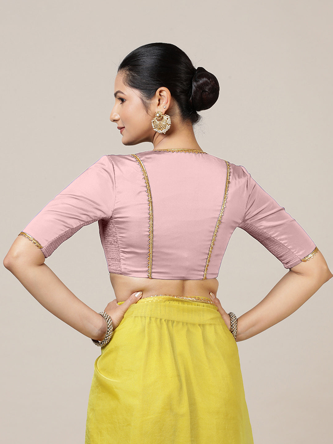Begum x Tyohaar Saree Blouse, in Pink Vegan Silk, featuring elbow sleeves and v-neckline, made for party & festive (view 2).