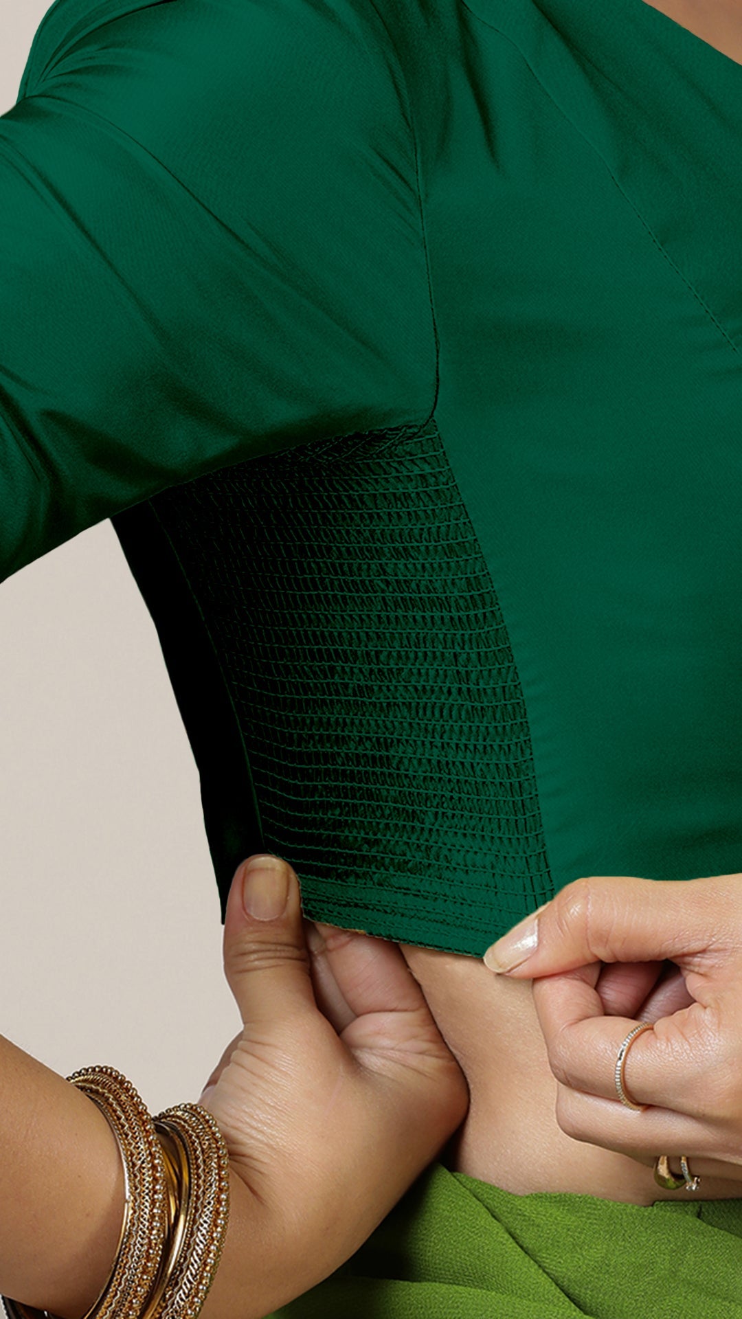 Begum x Rozaana Saree Blouse, in Green Vegan Silk, featuring elbow sleeves and v-neckline, made for daily & work (view 3).