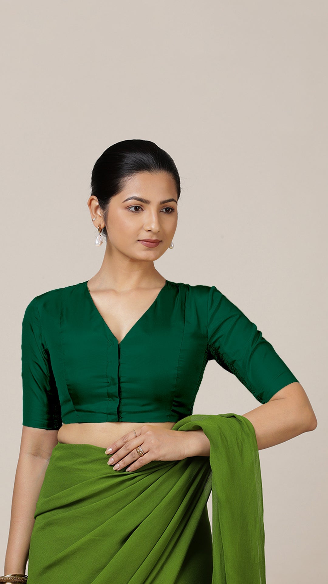 Begum x Rozaana Saree Blouse, in Green Vegan Silk, featuring elbow sleeves and v-neckline, made for daily & work (view 6).