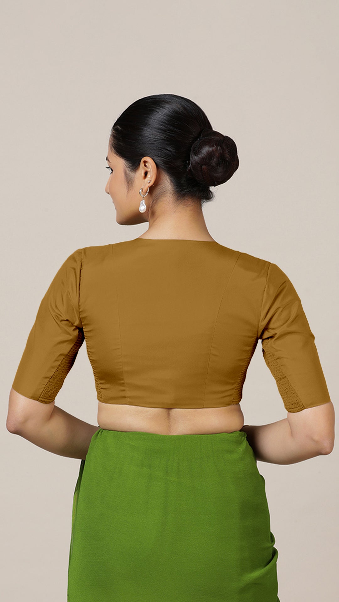 Begum x Rozaana Saree Blouse, in Gold Vegan Silk, featuring elbow sleeves and v-neckline, made for daily & work (view 2).