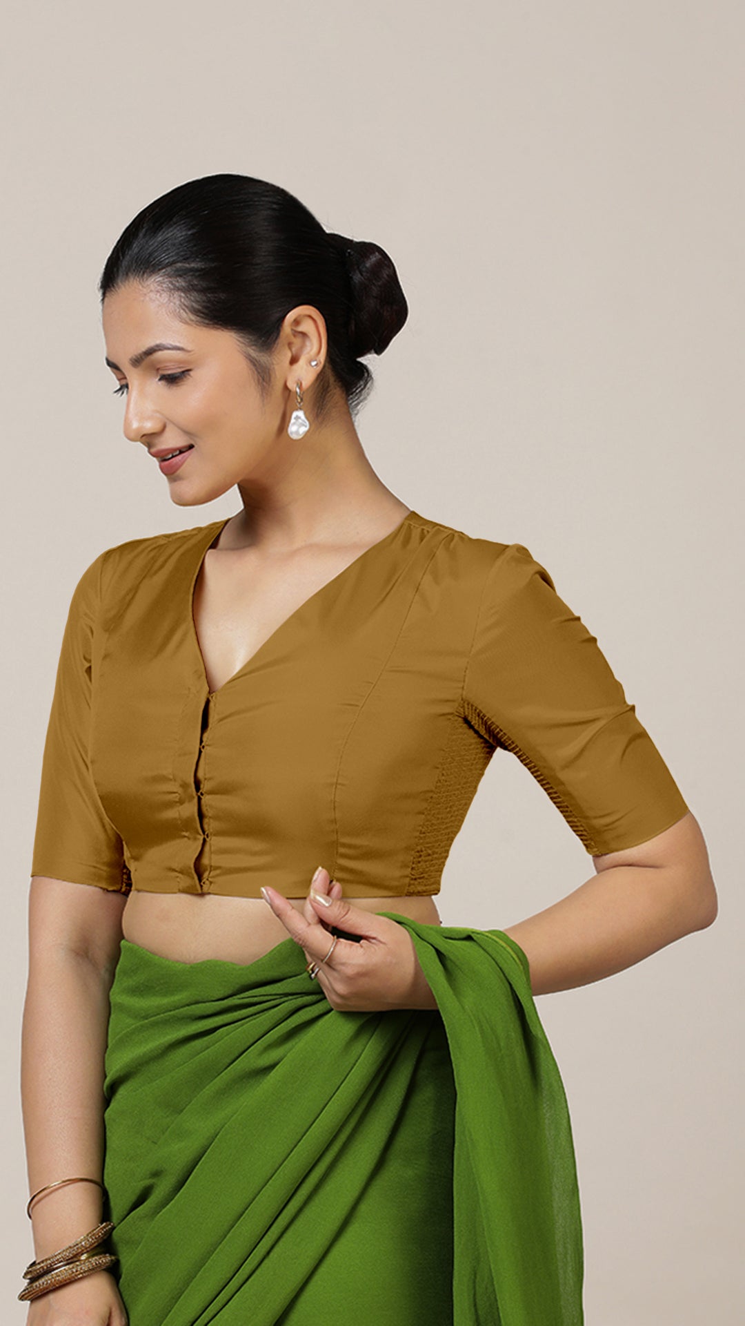 Begum x Rozaana Saree Blouse, in Gold Vegan Silk, featuring elbow sleeves and v-neckline, made for daily & work (view 6).