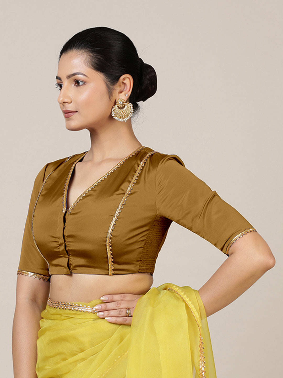 Begum x Tyohaar Saree Blouse, in Gold Vegan Silk, featuring elbow sleeves and v-neckline, made for party & festive (view 7).