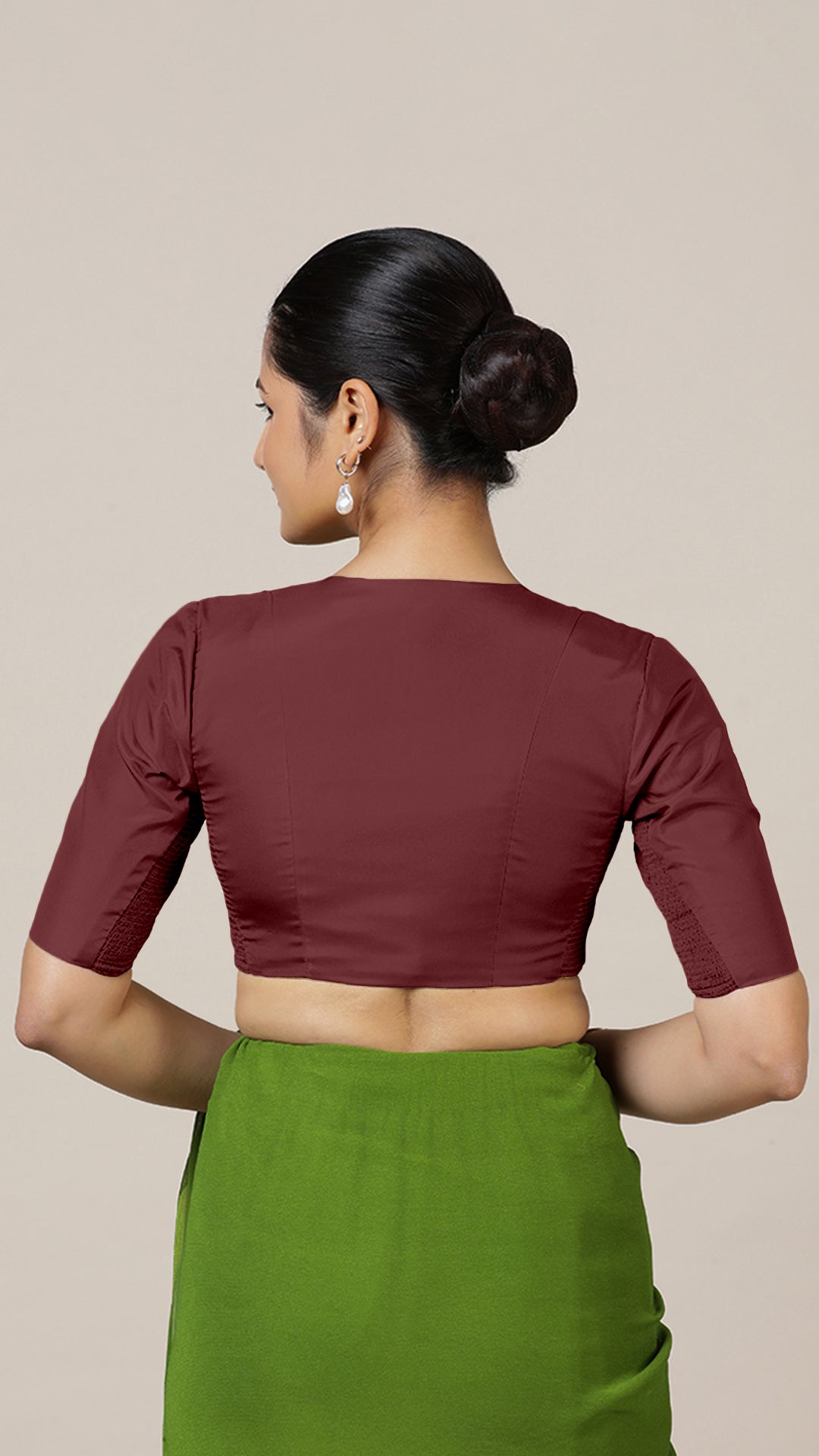 Begum x Rozaana Saree Blouse, in Maroon Vegan Silk, featuring elbow sleeves and v-neckline, made for daily & work (view 2).