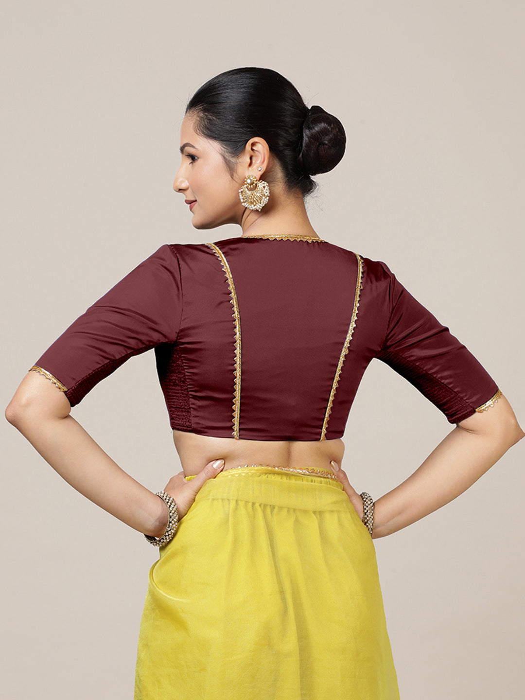 Begum x Tyohaar Saree Blouse, in Maroon Vegan Silk, featuring elbow sleeves and v-neckline, made for party & festive (view 2).