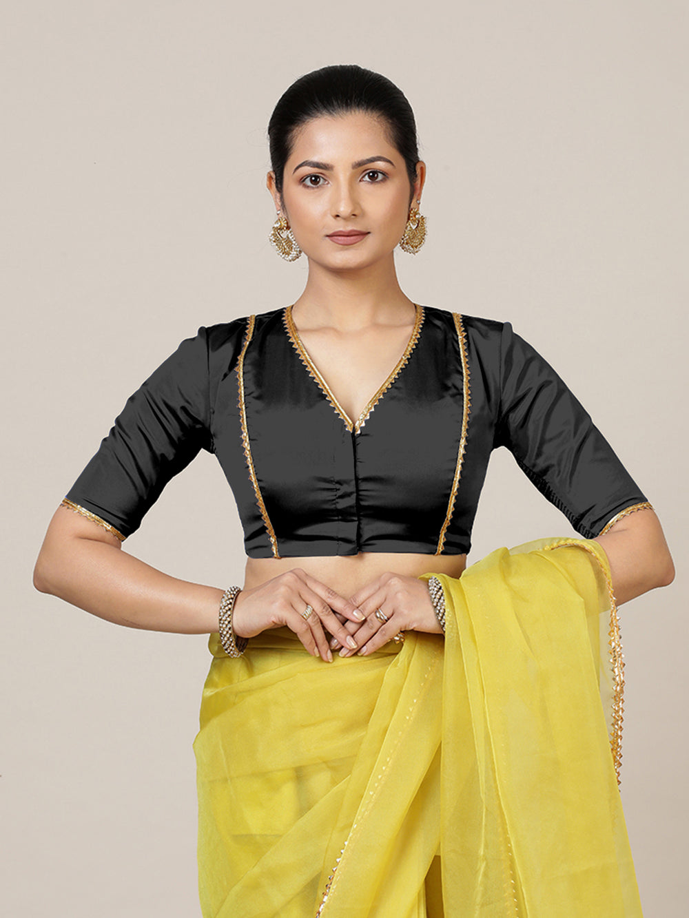 Begum x Tyohaar | Elbow Sleeves Saree Blouse in Charcoal Black